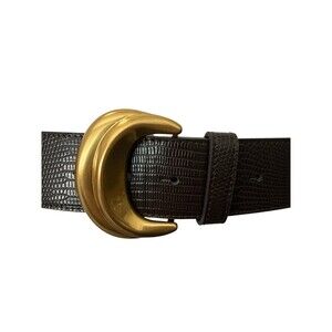 Wide Black Lizard Embossed Waist Belt Gold Crescent Buckle Size 16